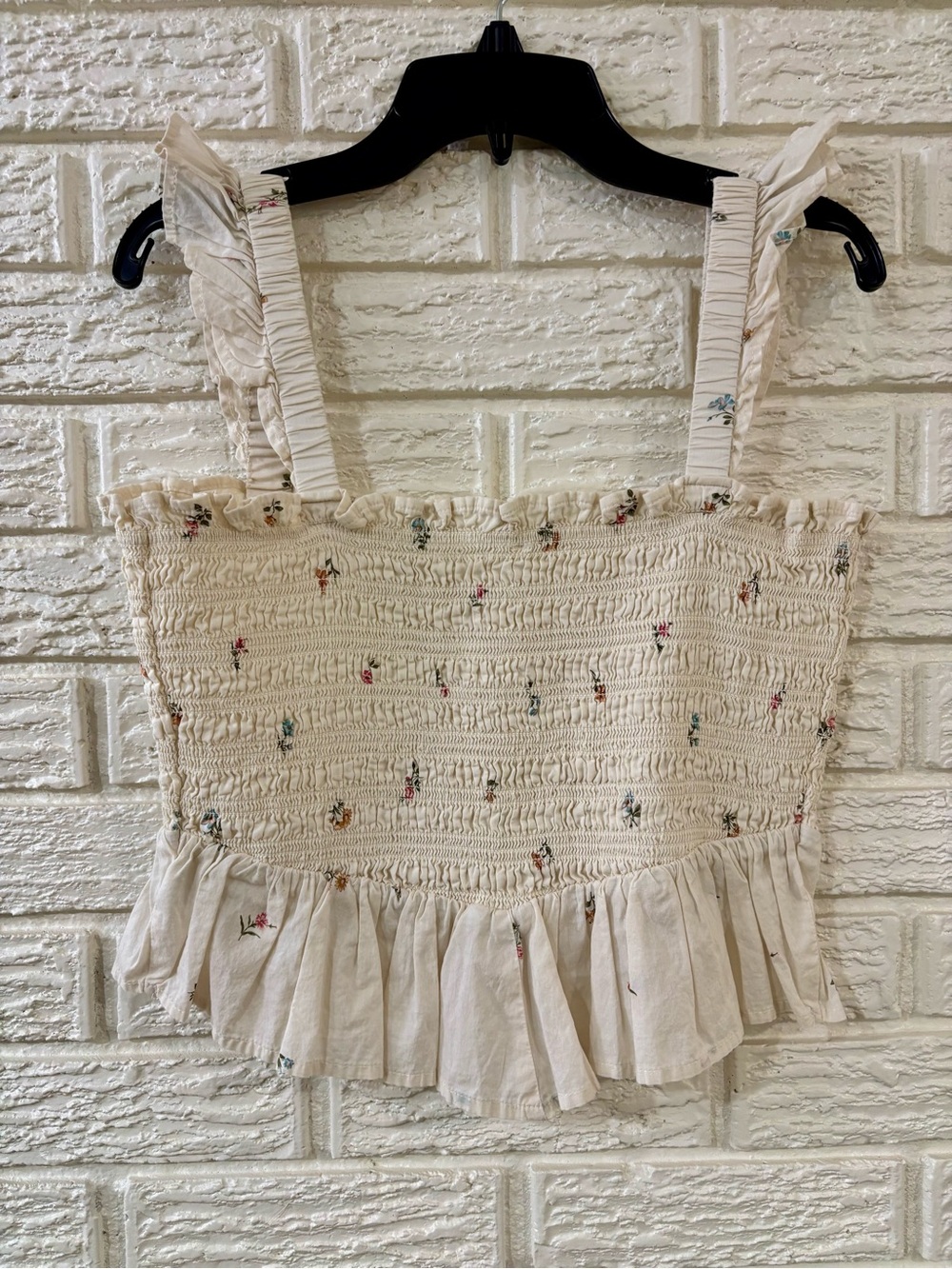 American Eagle Smocked Ruffle Floral Ivory Cropped Square Neck Tank Top S
